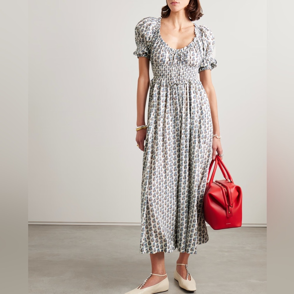 Doen Ischia shirred floral-print organic cotton-blend voile midi dress